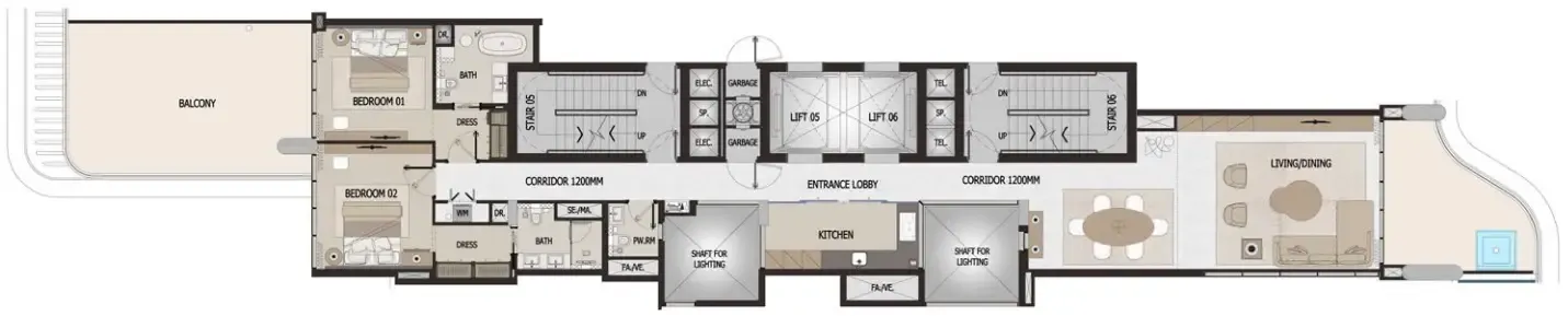 Vitalia Palm Jumeirah Residences 2 bed floor plan, 2,199 – 2,235 sqft