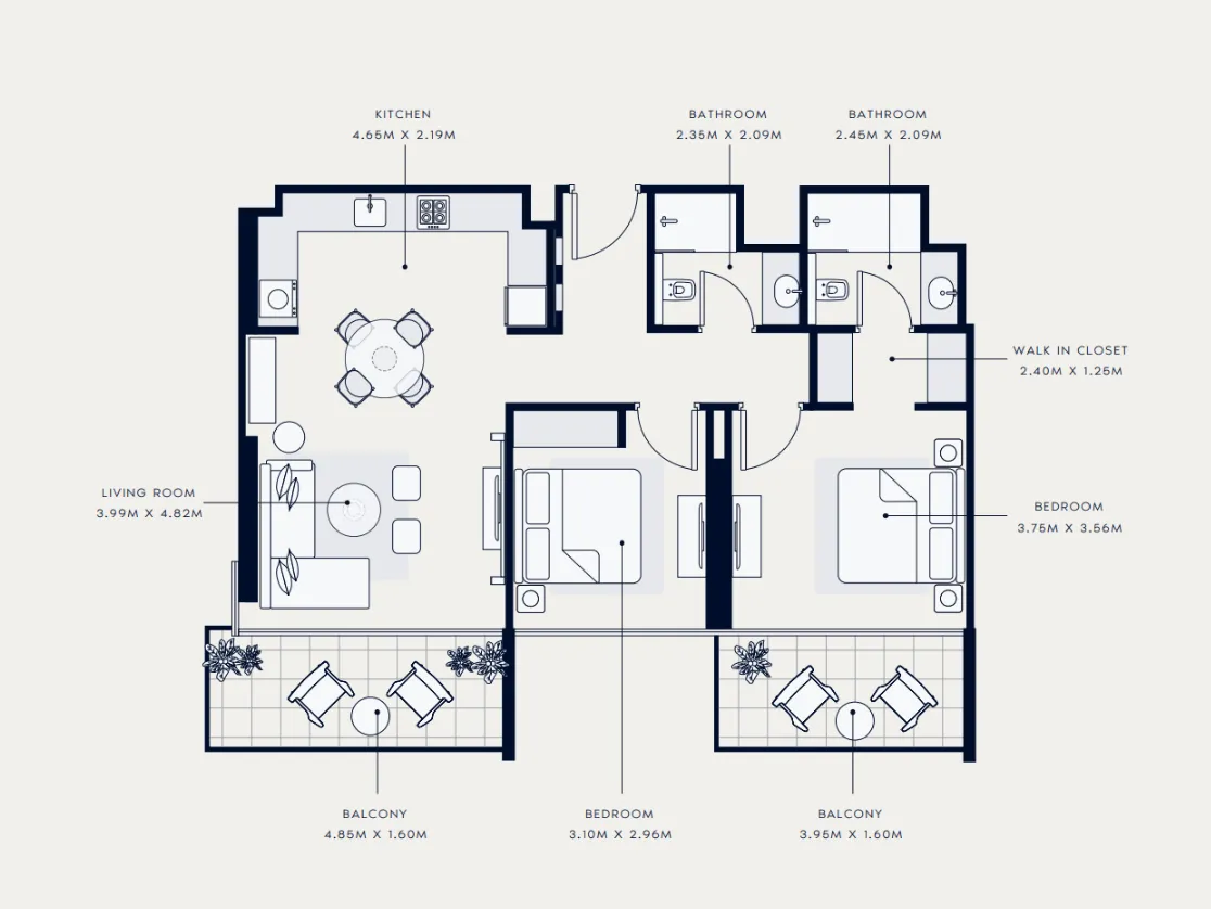 Azizi Venice 2 bed floor plan, 1,058 sqft