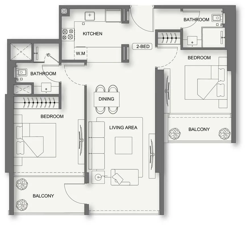 Binghatti Cullinan 2 bed floor plan, 914 sqft