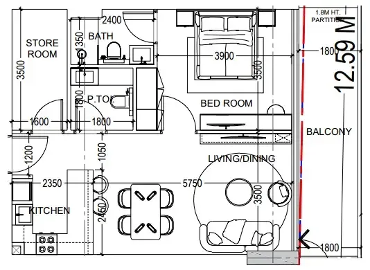 Al Haseen Residences 6 1 bed floor plan, 796 sqft