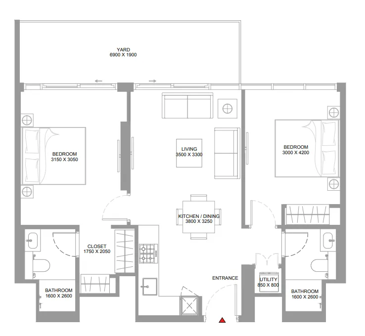 Pearlside Marina Residences 2 bed floor plan, 929 sqft