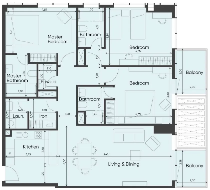 Sea Legend Tower One 3 bed floor plan, 1,533 sqft