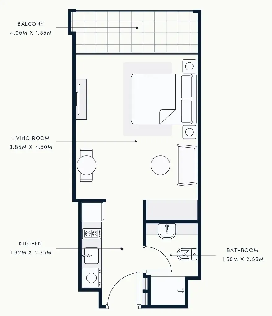 Riviera Beach Front Studio floor plan, 396 – 494 sqft