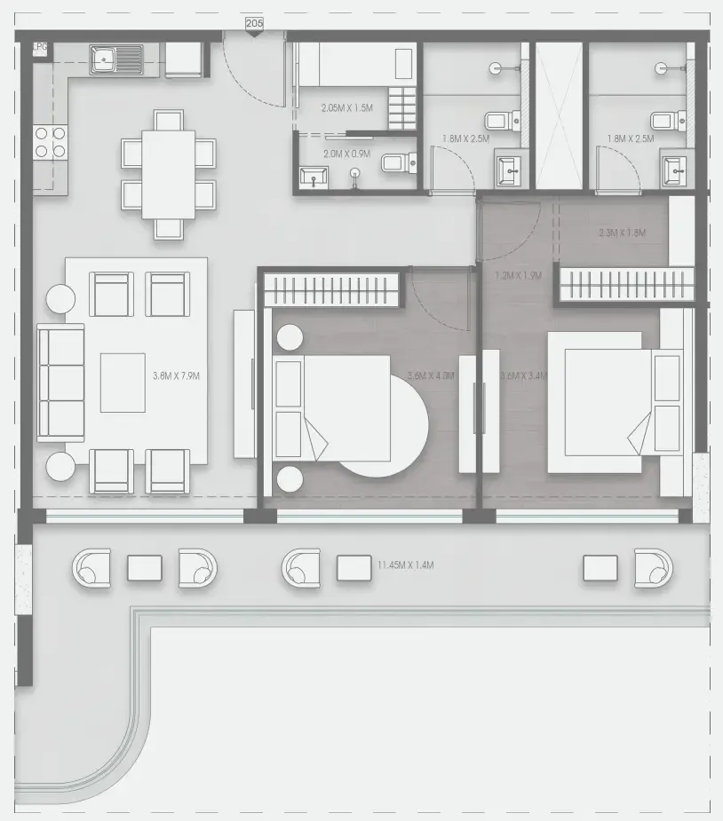 Valores Residences 2 bed floor plan, 1,221 sqft