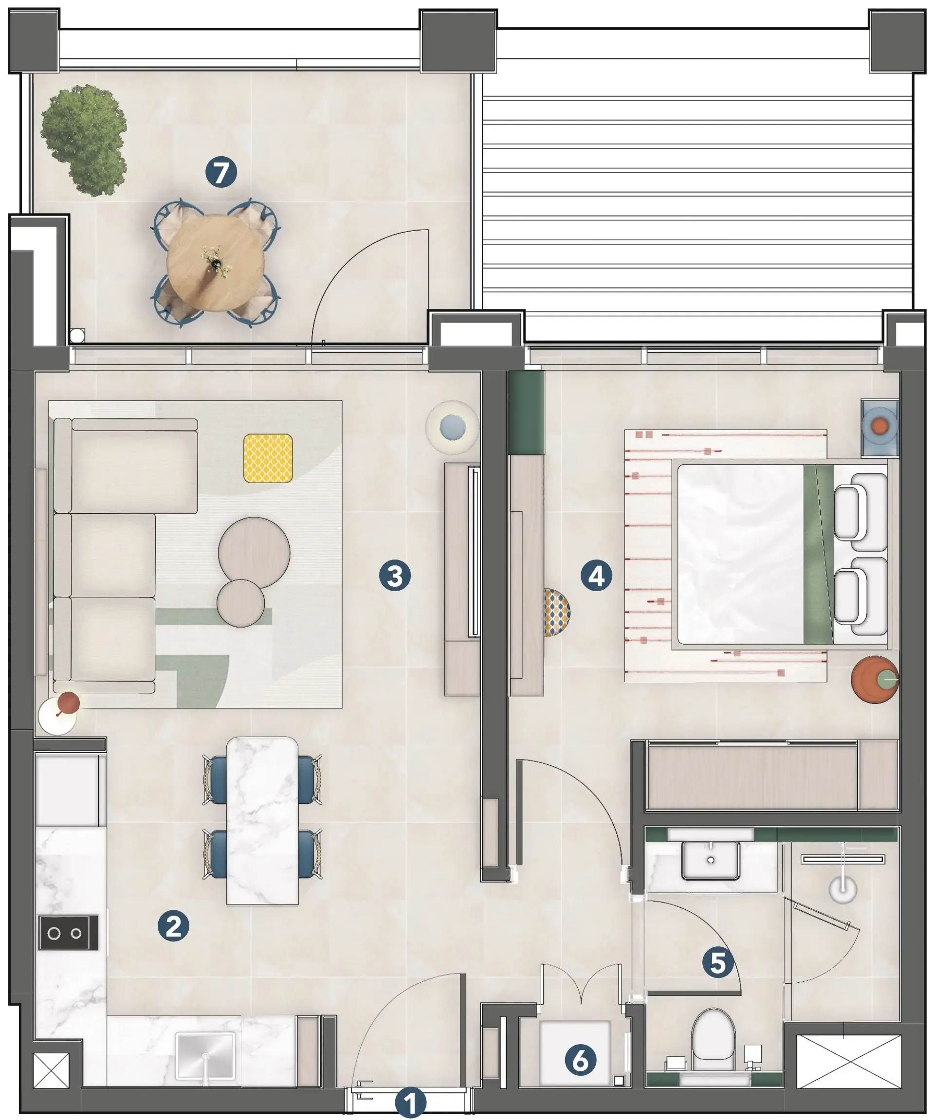 Rove Home Meydan Horizon 1 bed floor plan, 586 – 592 sqft