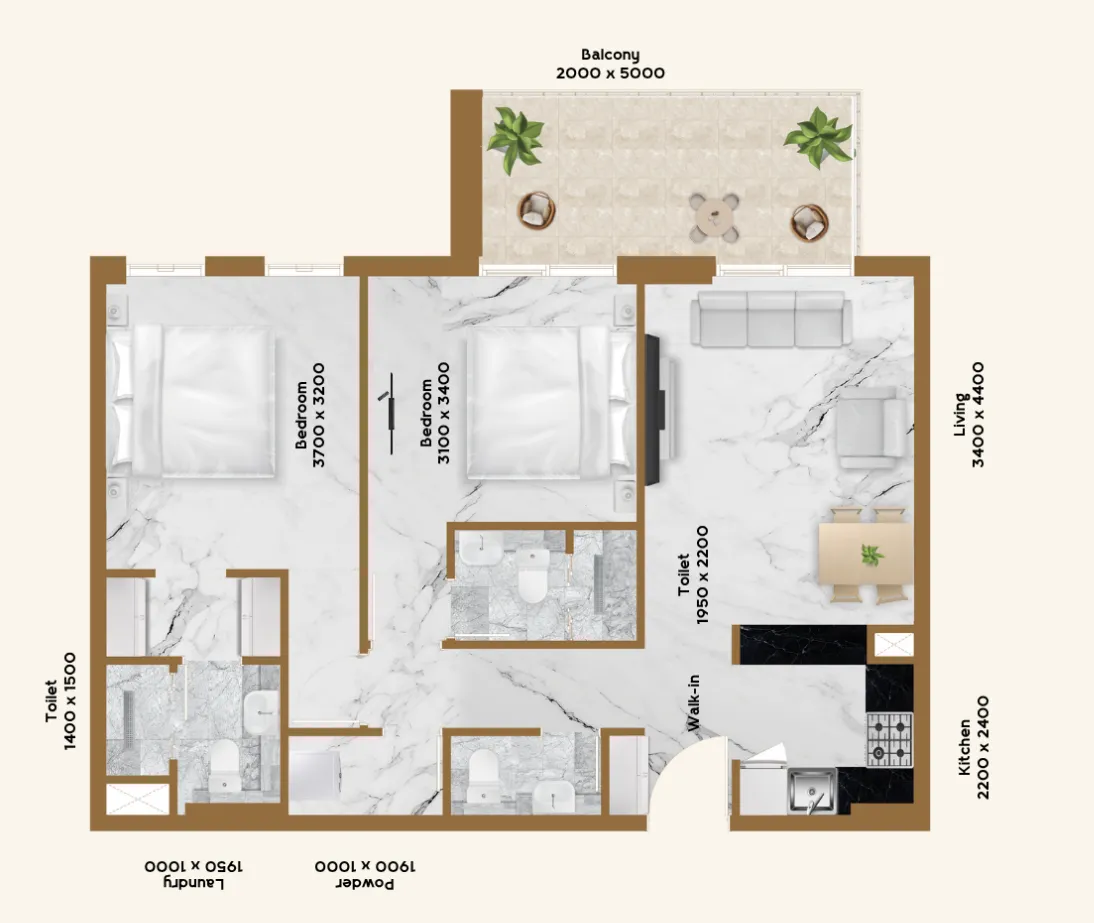 RR Residence 2 bed floor plan, 910 sqft