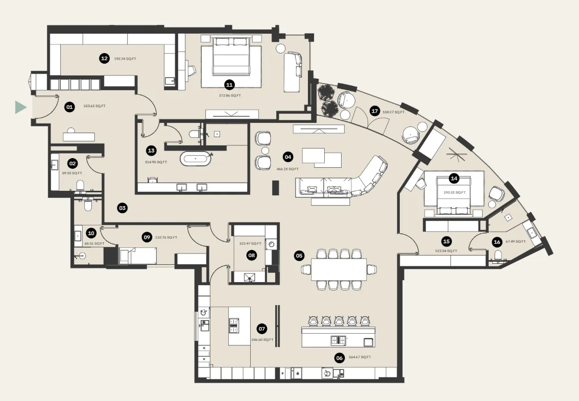 Waldorf Astoria Residences 2 bed floor plan, 3,614 sqft