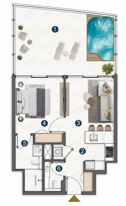 Voxa Pantheon 1 bed floor plan, 815 sqft