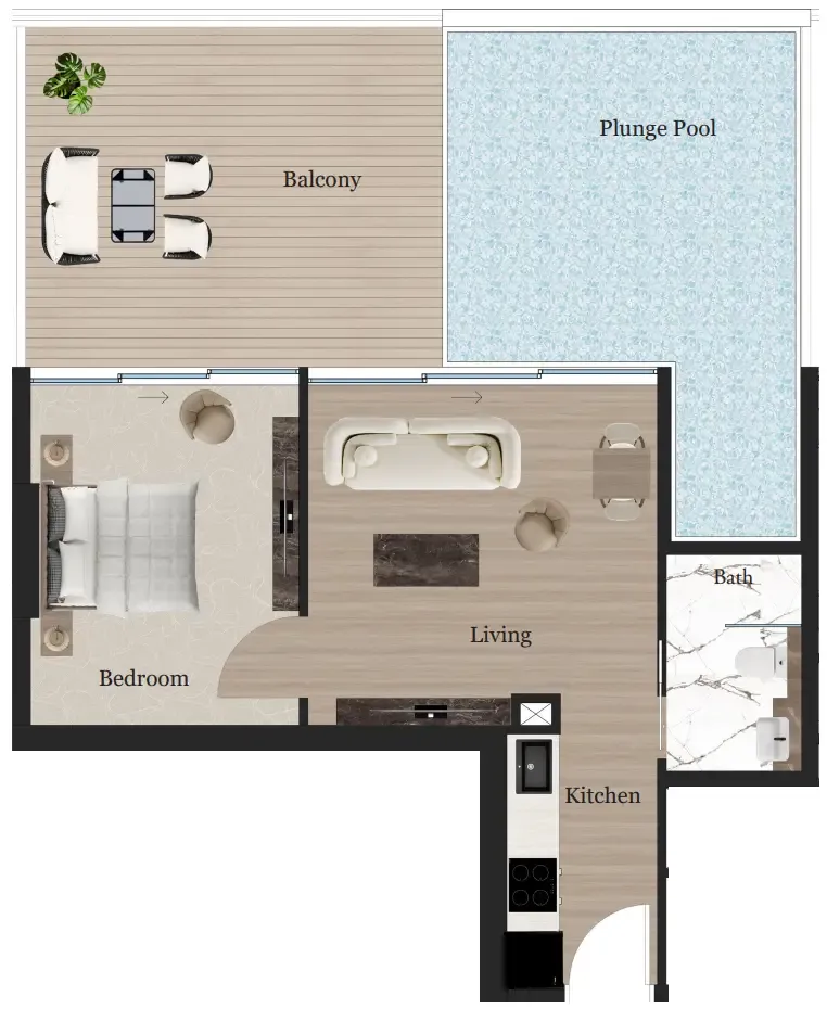 Rijas Suites 1 bed floor plan, 859 sqft