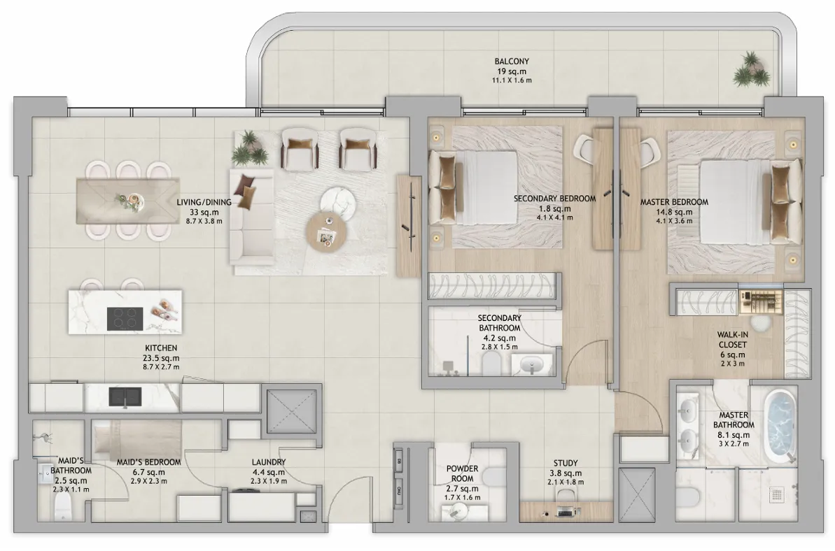 Fahid Beach Residences 2 bed floor plan, 2,058 sqft