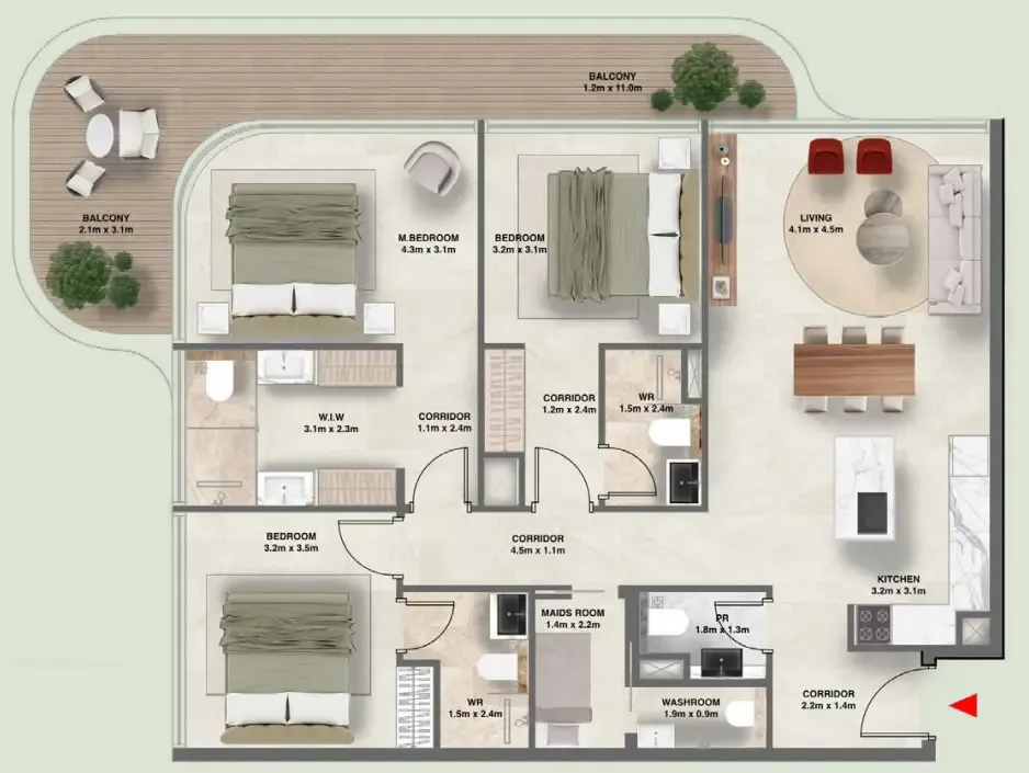 The Tides 3 bed floor plan, 1,422 sqft