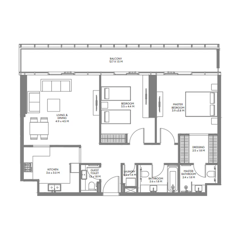 The Gate 6 2 bed floor plan, 1,283 – 1,300 sqft