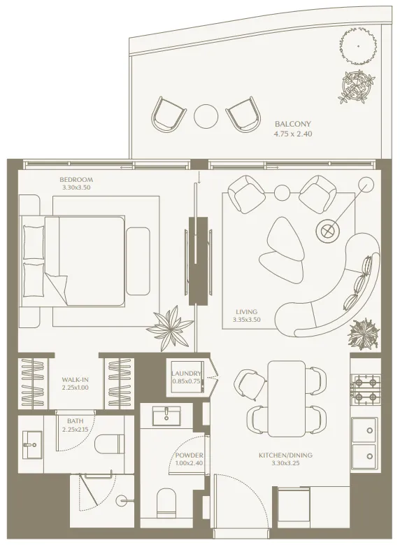 AYA Beachfront Residences 1 bed floor plan, 632 – 733 sqft
