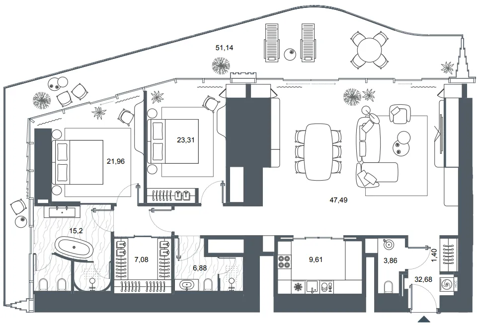 Iconic Tower 2 bed floor plan, 2,364 sqft