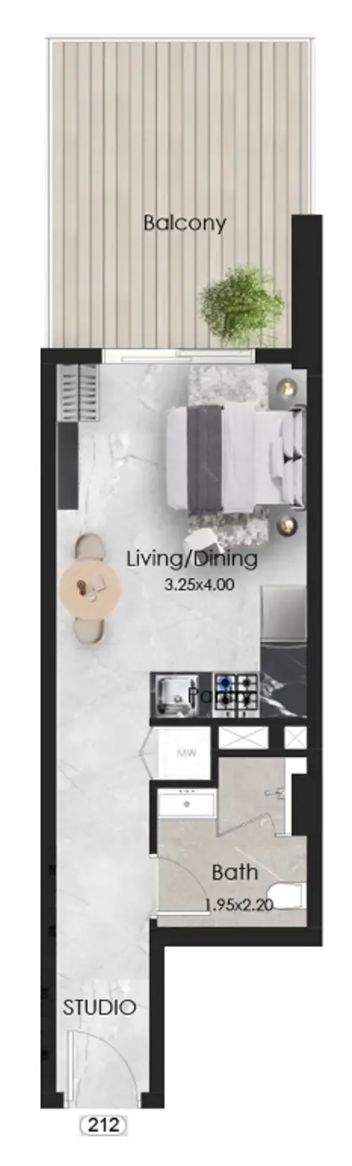 Aristo Studio floor plan, 455 sqft