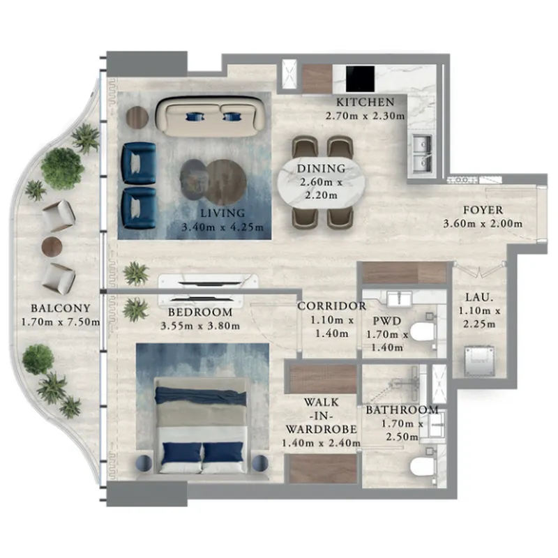 Royal Yacht Club Residence 1 bed floor plan, 815 sqft