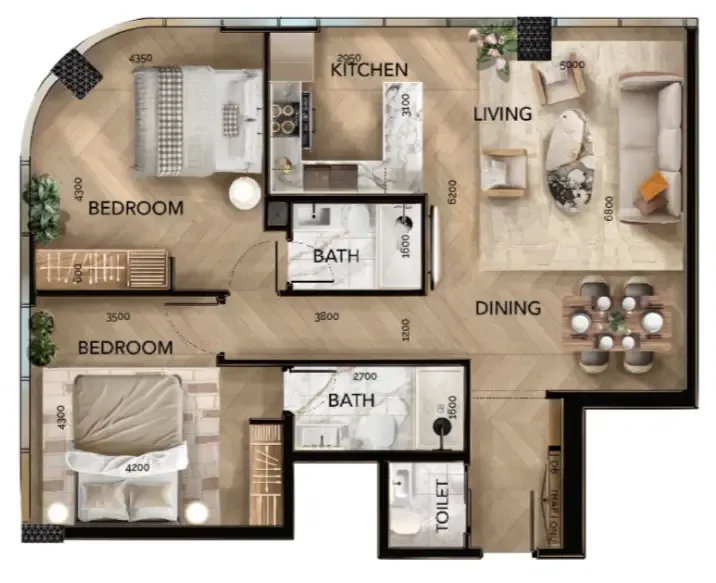 Radiant Bridges 2 bed floor plan, 2,024 sqft