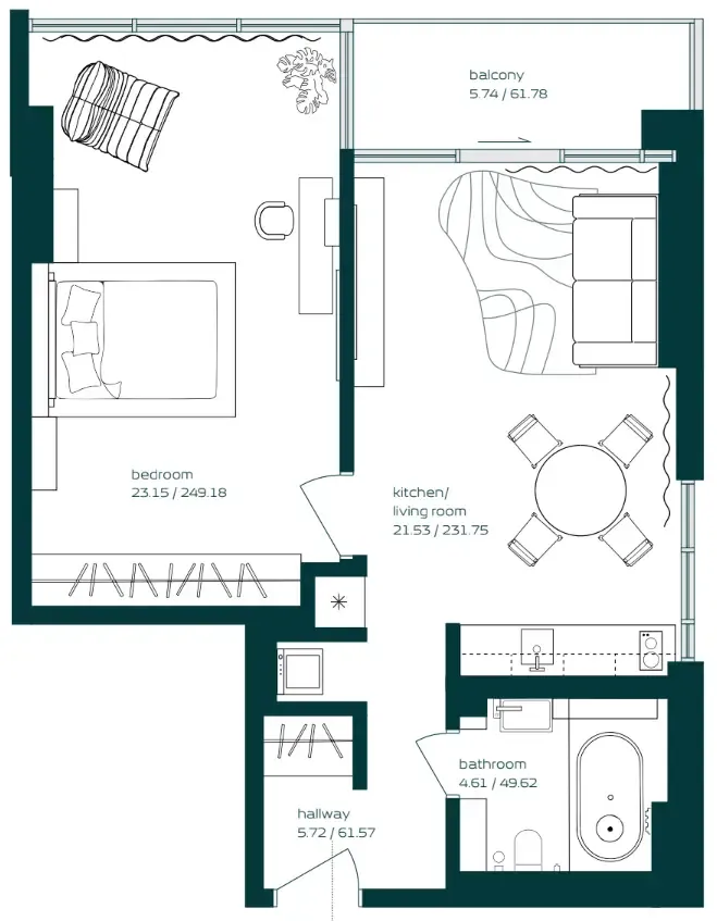 Vibe 1 bed floor plan, 733 sqft