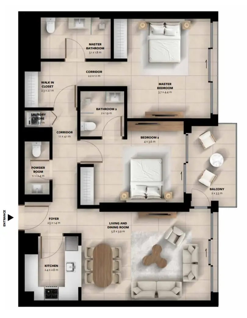 Waada Dubai South 2 bed floor plan, 1,190 sqft
