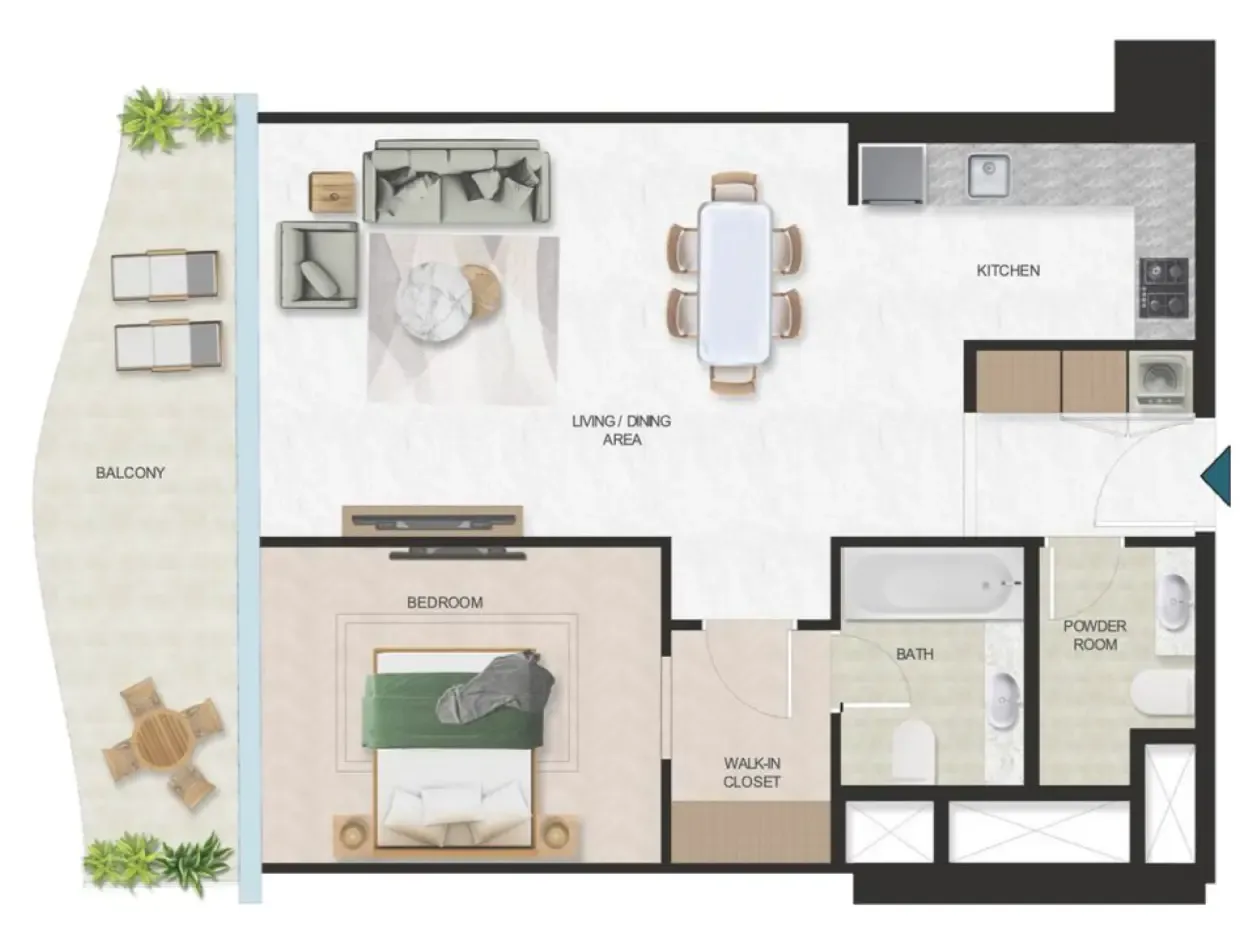 Oystra 1 bed floor plan, 1,072 sqft
