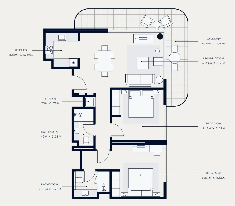 Azizi Venice 2 bed floor plan, 1,132 sqft