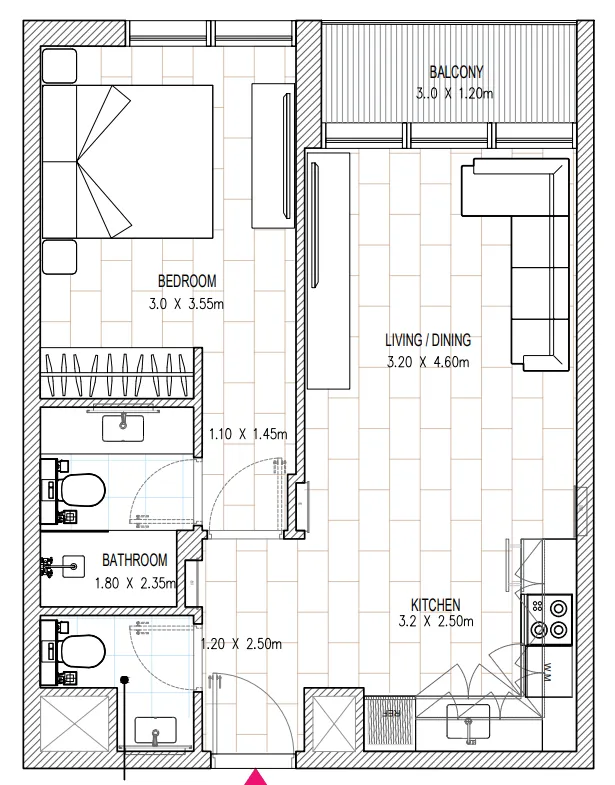 Al Mamsha Sharjah 1 bed floor plan, 593 sqft