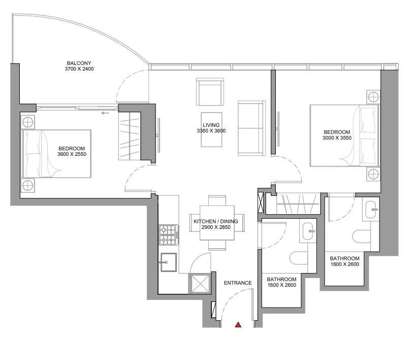 Sobha Aquamont 2 bed floor plan, 728 sqft