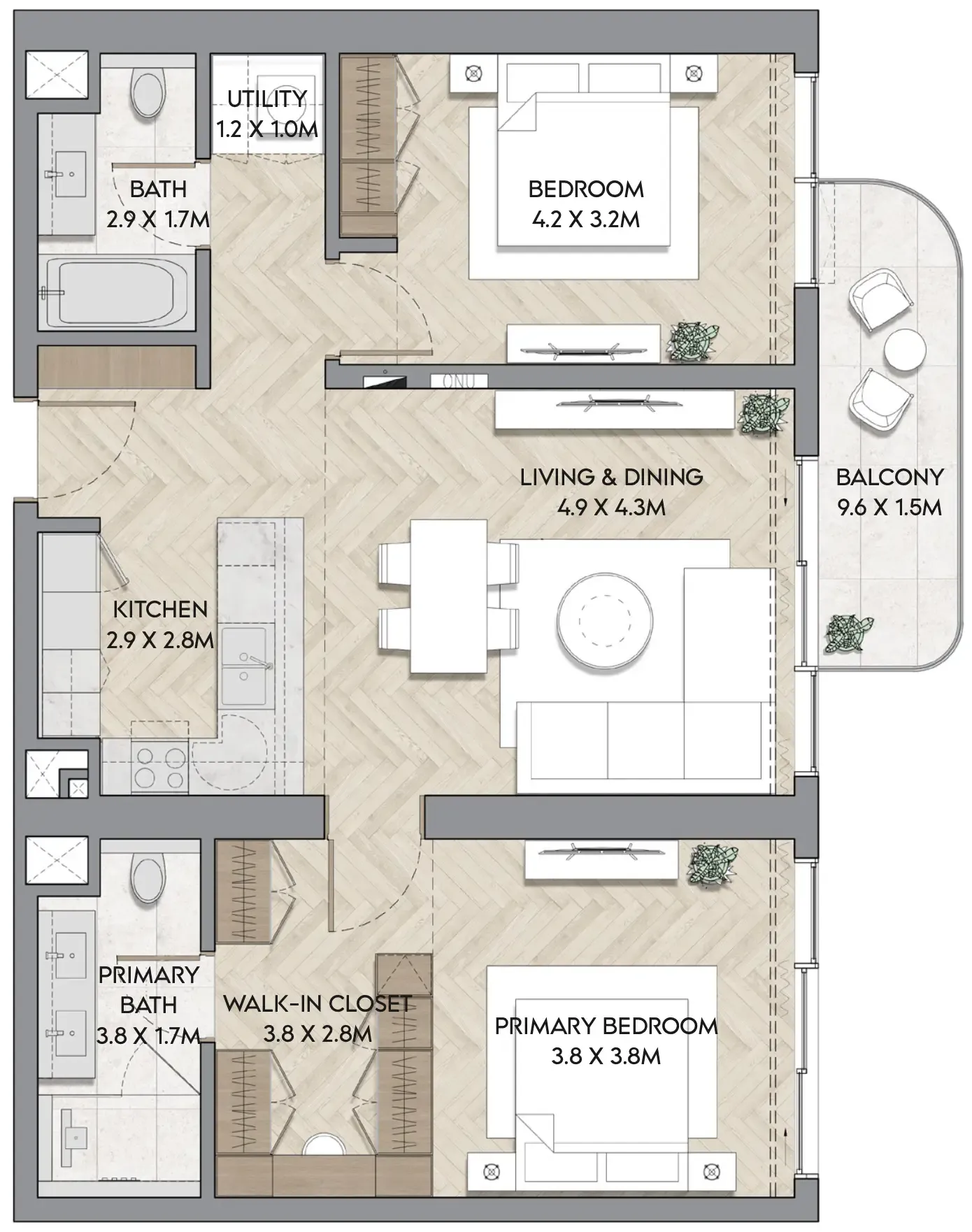 Nura 2 bed floor plan, 1,199 – 1,202 sqft
