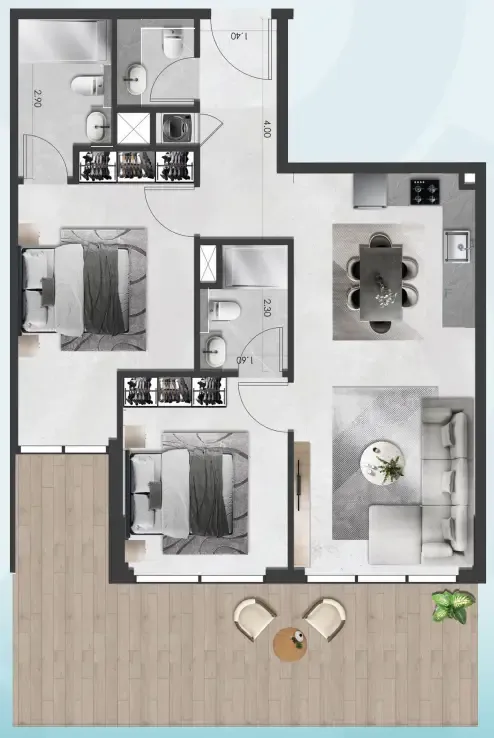 Saray South Residences 2 bed floor plan, 1,076 sqft