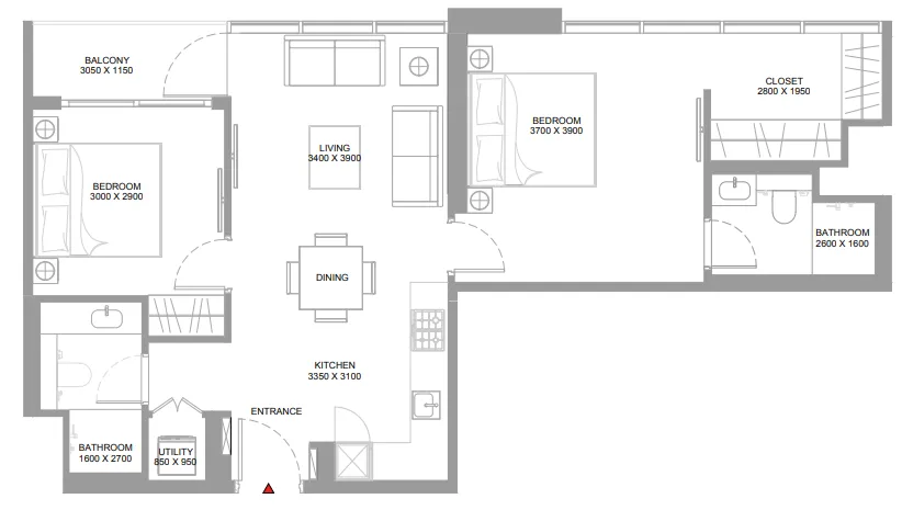 Pristine Beach Residences 2 bed floor plan, 839 – 841 sqft