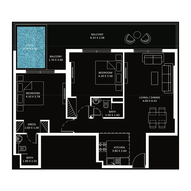 Diamondz 2 bed floor plan, 1,270 sqft