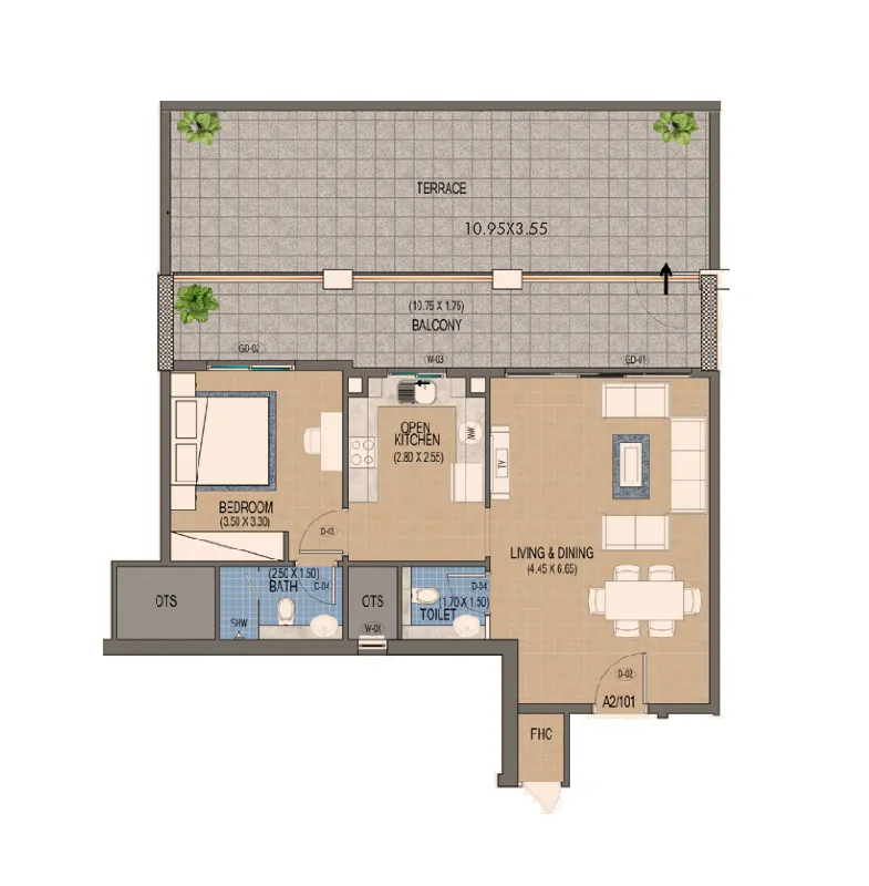 Triana Residences 1 bed floor plan, 1,361 sqft