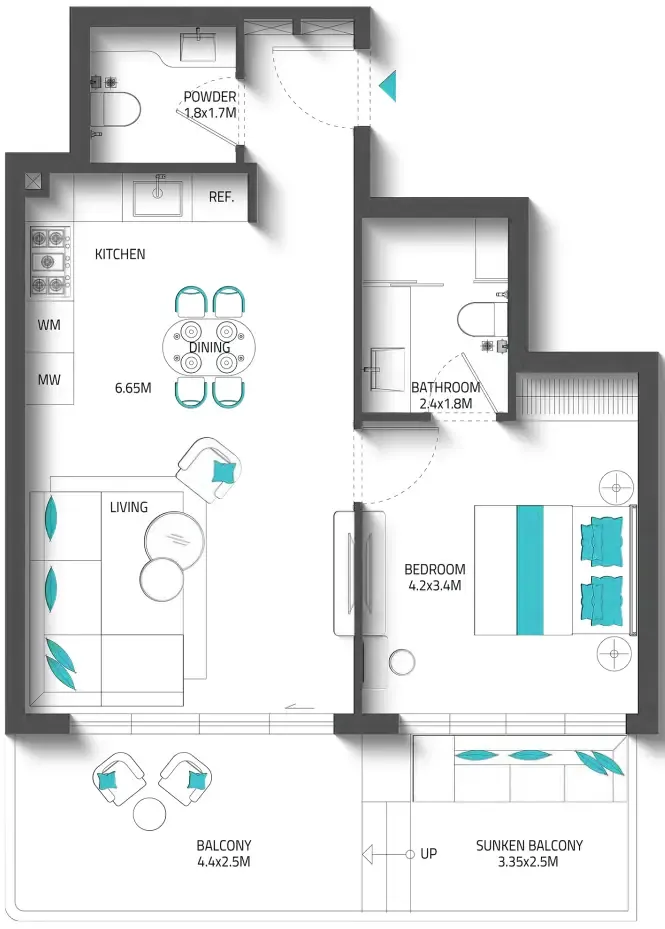 Reef 996 1 bed floor plan, 767 sqft