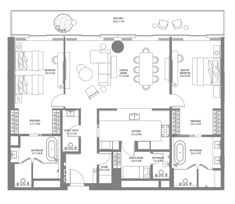 Anantara Sharjah Resort 2 bed floor plan, 2,224 sqft