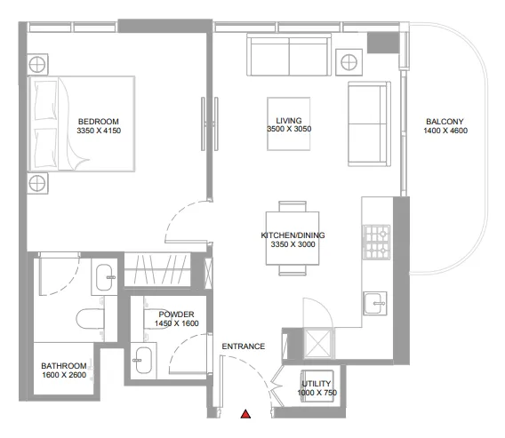 Pristine Beach Residences 1 bed floor plan, 620 sqft
