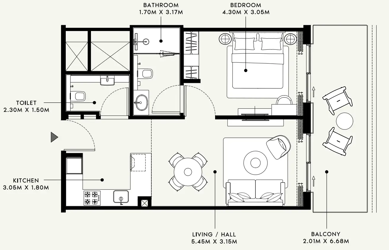 Azizi Venice 1 bed floor plan, 736 sqft