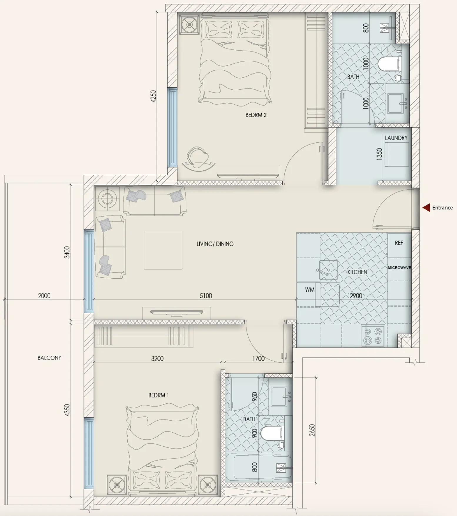 Enaya Residences 2 bed floor plan, 1,115 sqft