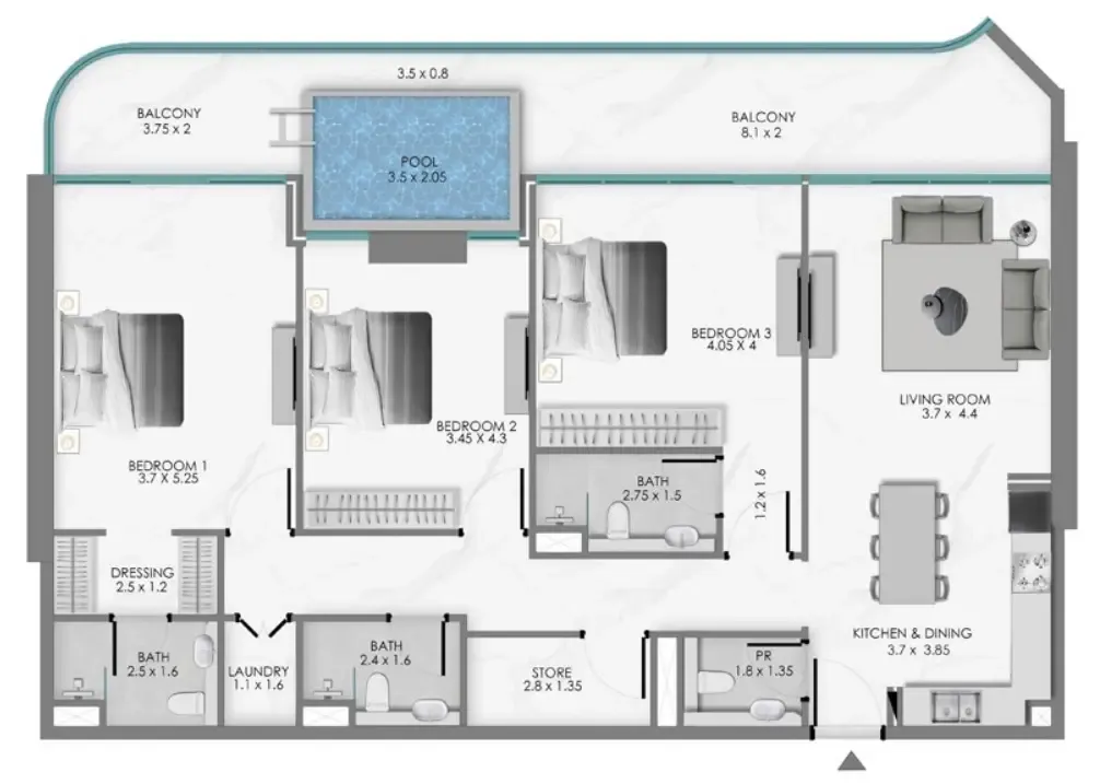 Samana Ocean Bay 3 bed floor plan, 1,712 sqft