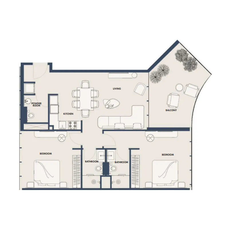 Amra Residences 2 bed floor plan, 1,090 – 1,121 sqft