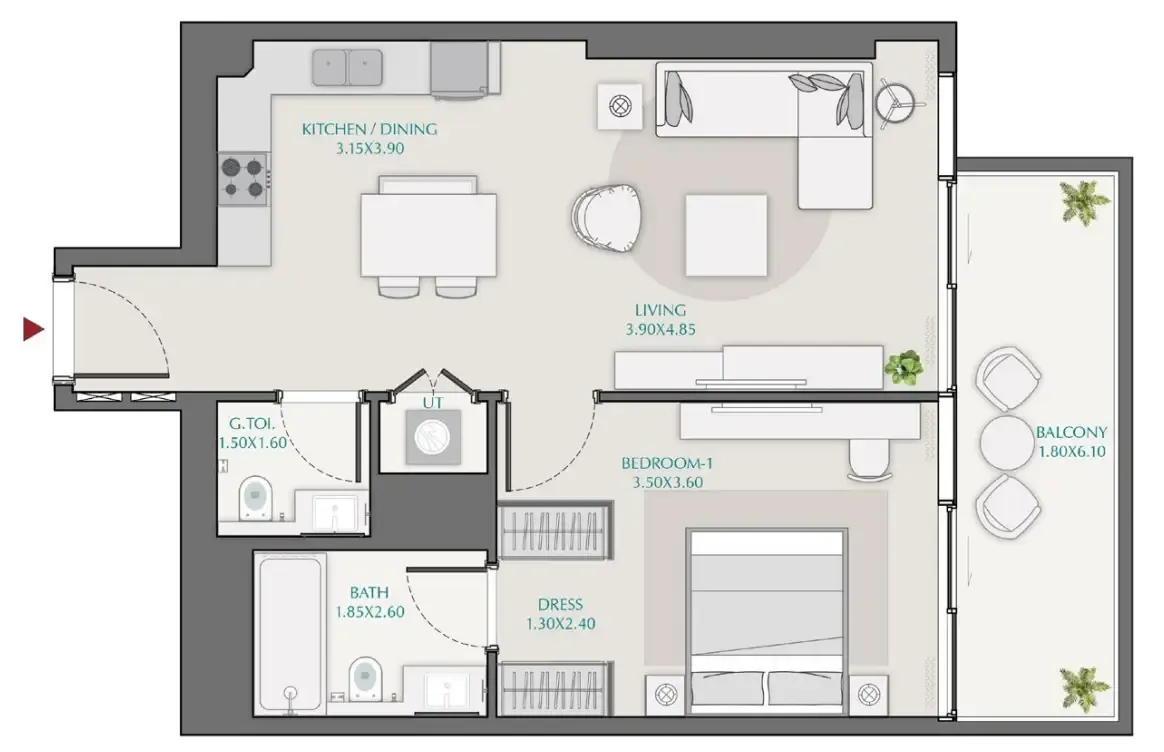 Avenue Park Towers 1 at Wasl 1 1 bed floor plan, 812 sqft