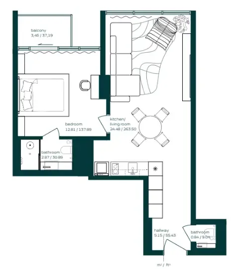 Vibe 1 bed floor plan, 612 sqft