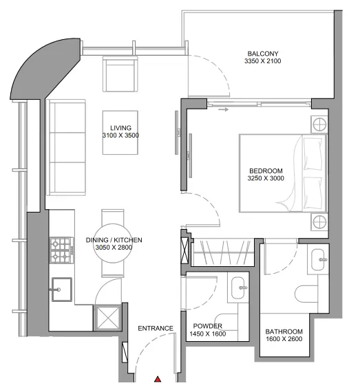 Sobha Aquamont 1 bed floor plan, 578 sqft