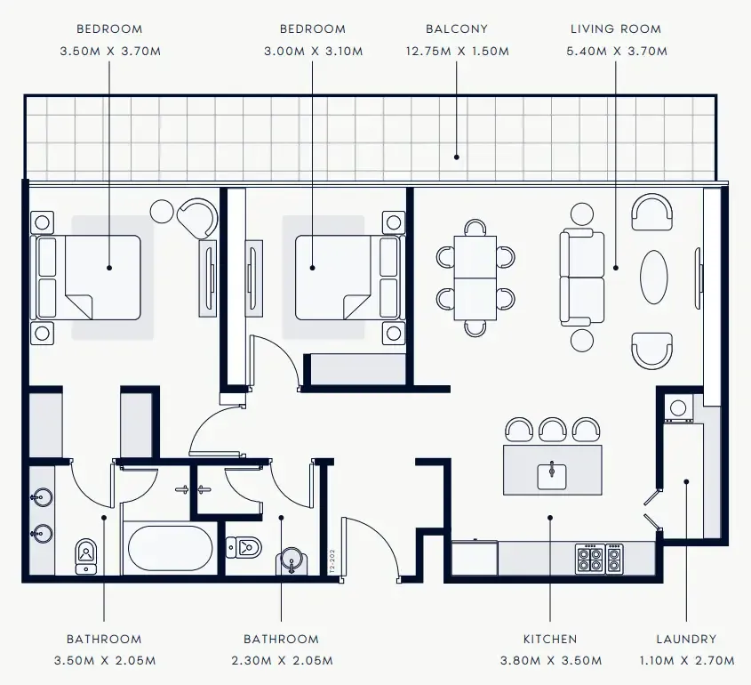 Riviera Rêve 2 bed floor plan, 1,247 sqft