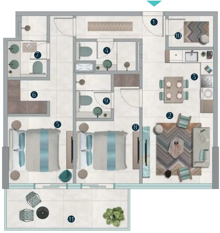 Octa Isle Interiors by Missoni 2 bed floor plan, 1,025 sqft