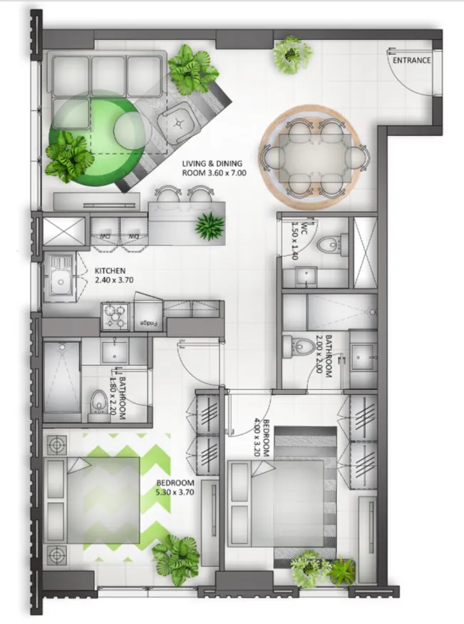 Al Mamsha Sharjah 2 bed floor plan, 1,222 – 1,224 sqft