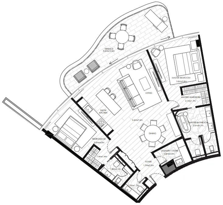 The Alba Residences by Omniyat 2 bed floor plan, 1,518 sqft