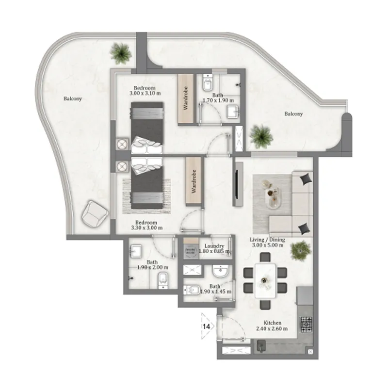 Miorah Maison by Zoya 2 bed floor plan, 1,080 sqft