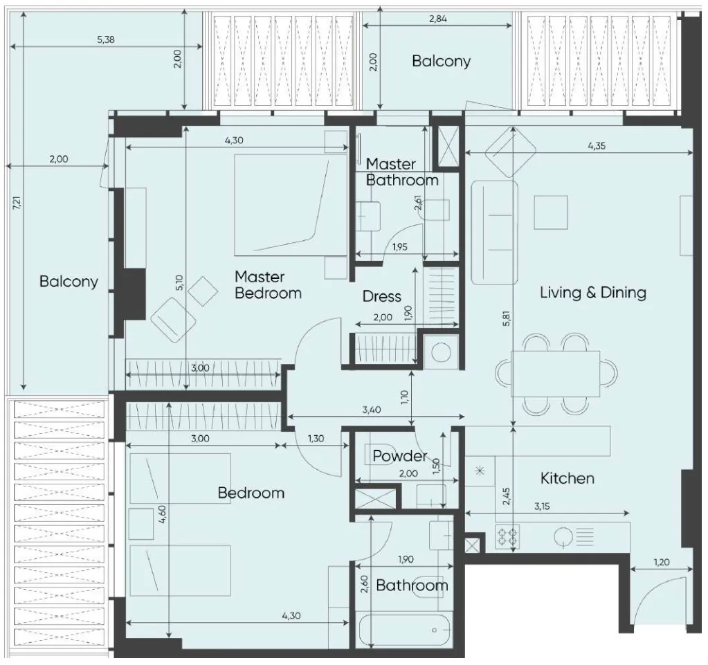 Sea Legend Tower One 2 bed floor plan, 1,415 sqft