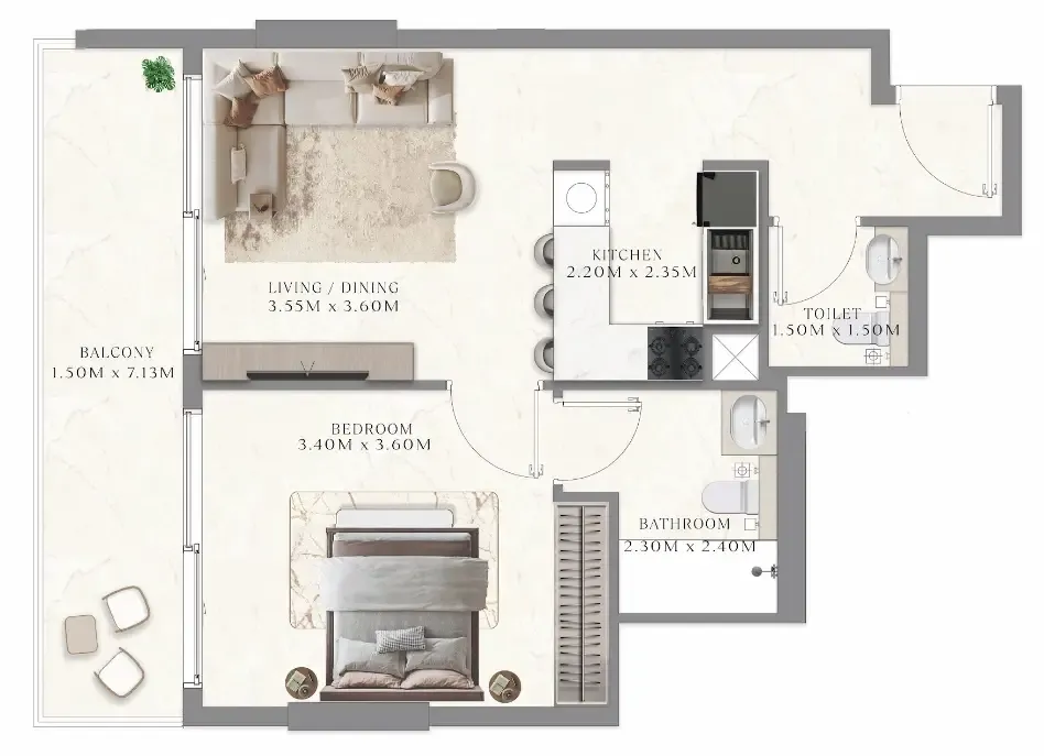 Aum 99 Residences 1 bed floor plan, 538 sqft