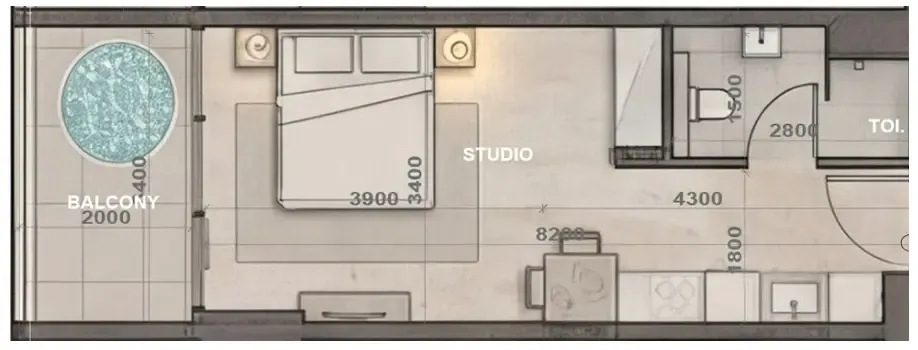 Sky Harmony Studio floor plan, 394 sqft